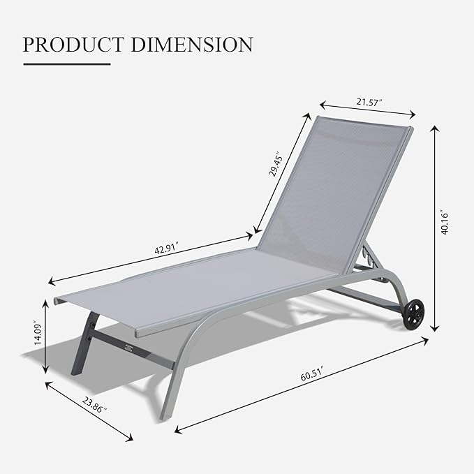 Domi Pool Lounge Chairs Set of 2, Adjustable Aluminum Outdoor Chaise Lounge with Wheels Patio Lounge Chairs, All Weather for Deck Lawn Poolside Backyard-Gray Textilene