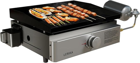LERIKA 18" Tabletop Propane Grilddle for Outdoor Kitchen Barbecue Grill, Non Stick Enamel/Durable Stainless Steel/1 Burner Portable Flat Top Grill