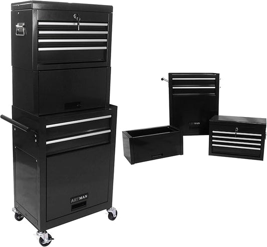 6 Drawers Rolling Tool Box Organizer,2 Tier High Capacity Tool Chest with Wheels,Lockable Rolling Tool Chest with 2 Cabinet,Detachable Tool Box Workshop Storage Cabinet(2 Tier-6 Drawers(Black))