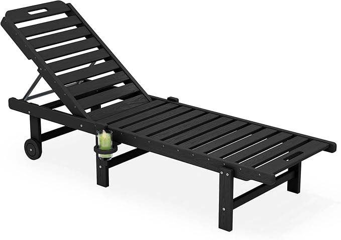 SERWALL Patio Chaise Lounge, HDPE Outdoor Lounge Chair with Cup Holder, 5 Positions Adjustable Poly Lounge Chair with Rolling Wheels for Poolside, Deck, Sunbathing, Black