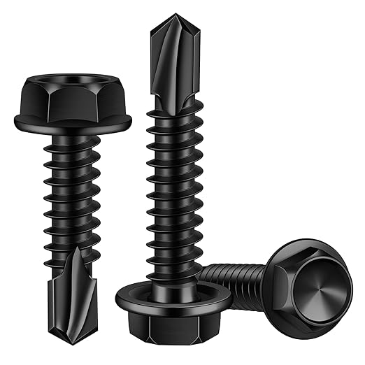 MewuDecor #8 x 1-1/4" Hex Washer Head Self Tapping Sheet Metal Screws with Drill Point, Stainless Steel 410, Self Drilling, Black Oxide, 100 PCS