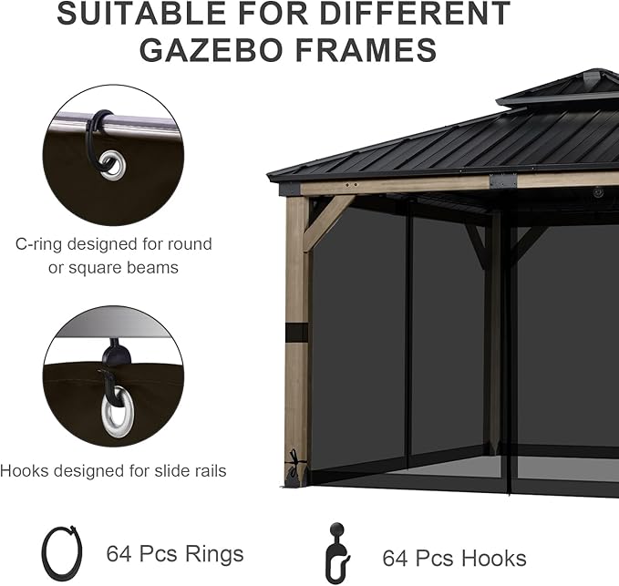BPS 12' x 12' Gazebo Universal Mosquito Netting Screen Replacement, 4-Panel Screen Walls with Double Zippers for Outdoor Patio, Black (Mosquito Net Only)
