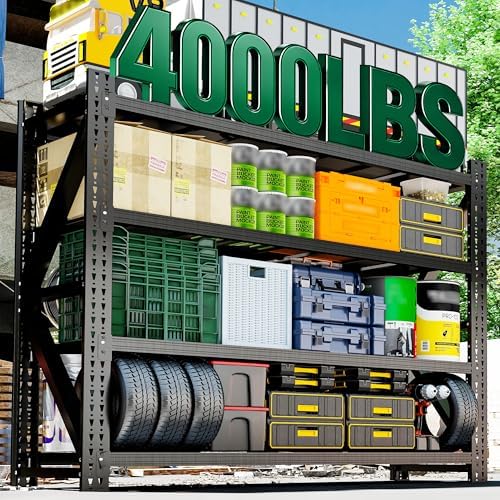 4-Tier Heavy Duty Garage Shelving,Industrial Shelving for Home & Business,Garage Storage Racks Heavy Duty Steel Shelves,Ultra-Wide Metal Rack for Garage Walls,Workshop,Office,Basement