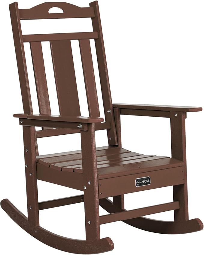 nalone Outdoor Rocking Chair, Oversized Porch Rocker Chair for Adult, All-Weather Resistant Patio Rocking Chair for Garden Lawn (Brown)