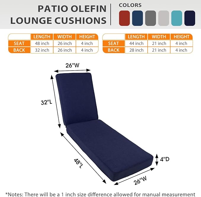 Sundale Outdoor Olefin Chaise Lounge Cushion Set of 2, Water-Resistant Patio Lounge Chair Cushion, Thick Lounger Pad with 4 Straps Dark Blue, 80 x 26 x 4 Inches