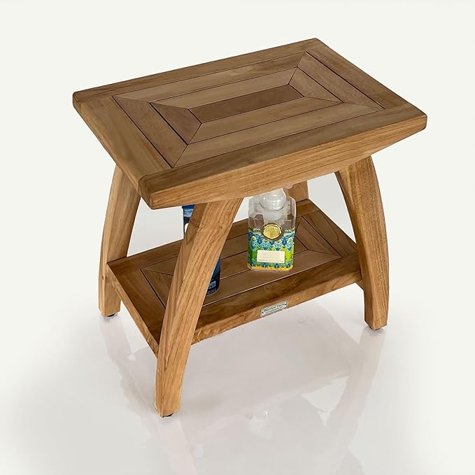 Indonesian Teak Shower Bench with Shelf 18 Inch Stool | Teak Wood Shower Stool & Spa| Waterproof Shower Bench for Indoor and Outdoor Use| Bathroom Stools for Adults Sitting