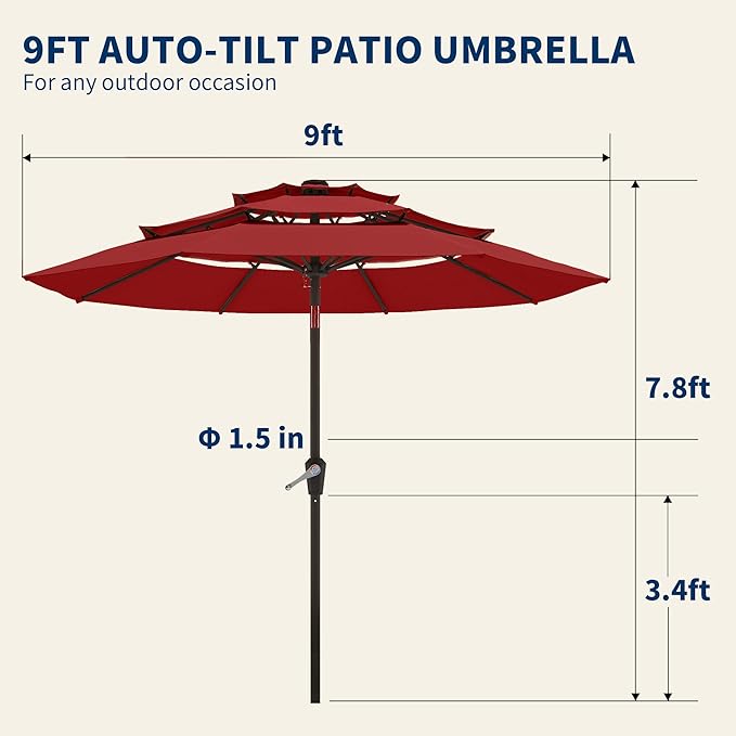 9FT 3 Tiers Patio Umbrella With Auto Tilt and Crank, Outdoor Table Market Umbrella with 8 Sturdy Ribs for Garden,Lawn,Deck,Backyard and Pool,Red