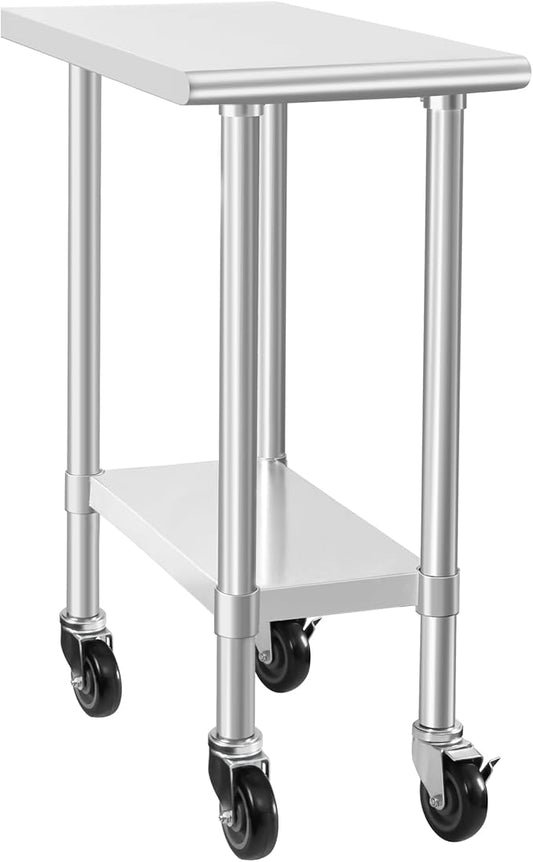 HARDURA Stainless Steel Commercial Table Prep & Work Table with Casters Heavy Duty Metal Table with Wheels NSF 430 30×15 Inches