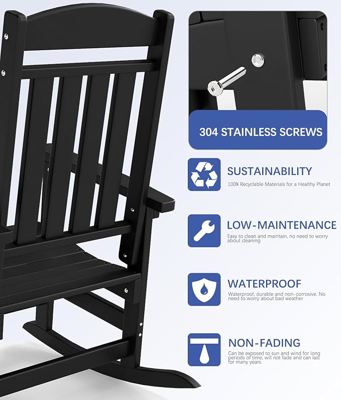 FOOWIN Outdoor Rocking Chair, High Back Patio Rocking Chair, HDPE All Weather Resistant Porch Rocker for Adult, Rocking Chairs for Outdoor, Indoor, Patio, Deck, Garden (Set of 1, Black)