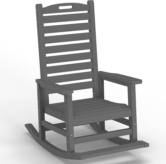 Outdoor Rocking Chair with Removable Footboard for Adults, HDPE High Back Patio Rocking Chairs, 330lbs All Weather Porch Rocking Chairs for Outdoor & Indoor -Grey