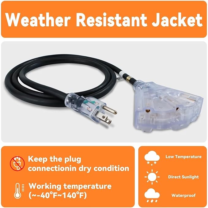 EP 15 Ft 12 Gauge Heavy Duty Extension Cord, 15A 125V 1875W, 3 Outlet Indoor/Outdoor Power Cord with Lighted End, 12/3 SJTW Weatherproof Black, UL Listed