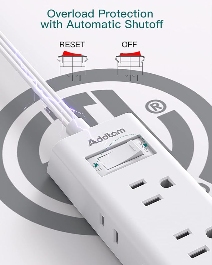 Flat Extension Cord 15 ft - Addtam Flat Plug Power Strip with 6 Outlets Extender, Long Extension Cord with Multiple Outlets, Wall Mount for Home Dorm Room Essentials, ETL Listed