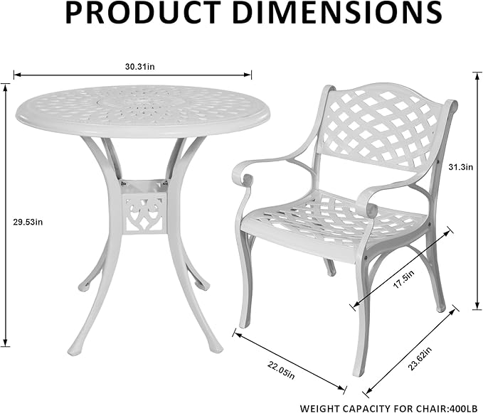 Outdoor Bistro Set 3 Piece, All Weather Bistro Table and Chairs Set, Cast Aluminum Patio Bistro Sets with 2.36" Umbrella Hole, Patio Furniture Set for Garden Porch