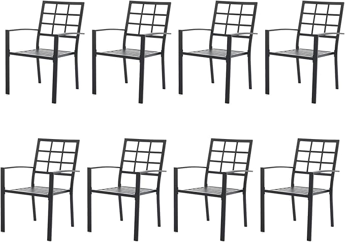 Outdoor Dining Chairs Set of 8, Metal Frame Stackable Patio Dining Chairs with Armrest, Wrought Iron Patio Bistro Chairs for Lawn, Backyard, Garden, Porch
