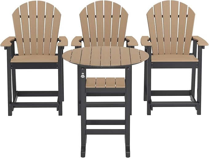 OTSUN 3 Counter Height Adirondack Chairs and 1 Bar Table, All Weather HDPE Patio Furniture, Wide Armrests, High Back, 400lb Capacity (Brown&Black)