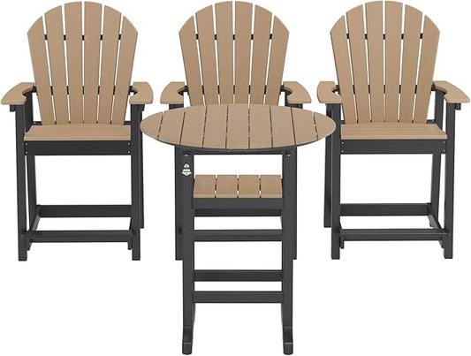 OTSUN 3 Counter Height Adirondack Chairs and 1 Bar Table, All Weather HDPE Patio Furniture, Wide Armrests, High Back, 400lb Capacity (Brown&Black)
