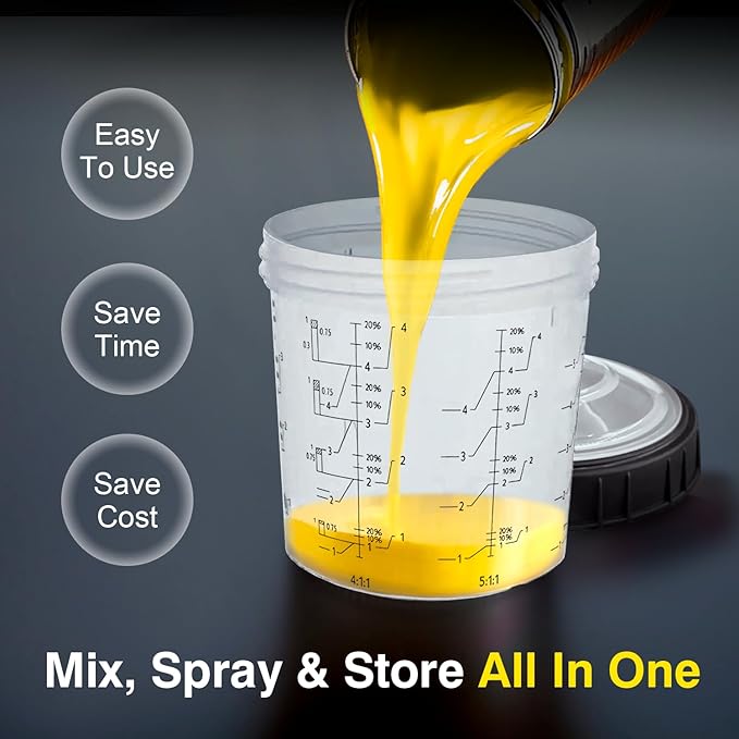 Disposable Paint Sprayer Mixing Cup for Automotive Paint Gun,Compatible with Original 1.0 System(not 2.0)-10pcs 20 Ounce Kit-10 Cup Liners,10 Lids with Strainer,1 Hard Cup with Retainer Ring,4 Plugs
