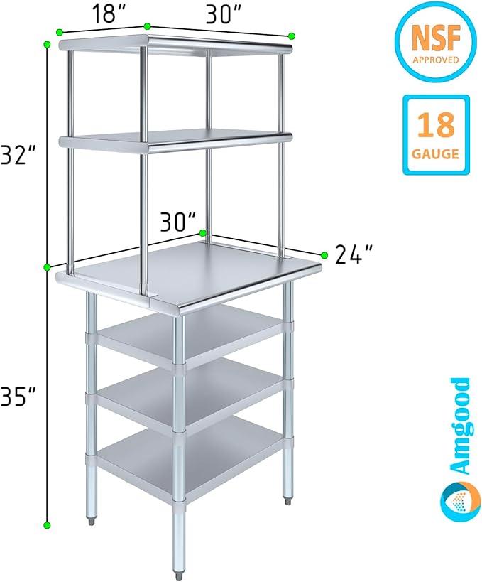 Amgood 24" x 30" Stainless Steel Work Table with 3 Shelves and 18" Wide Double Tier Overshelf | Metal Kitchen Prep Table & Shelving Combo | NSF