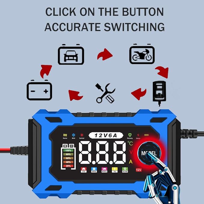 12V 6A Smart Battery Charger - Automotive Car/Motorcycle 12V Lead-Acid Battery Charger with LCD, Pulse Repair & Overcharge Protection