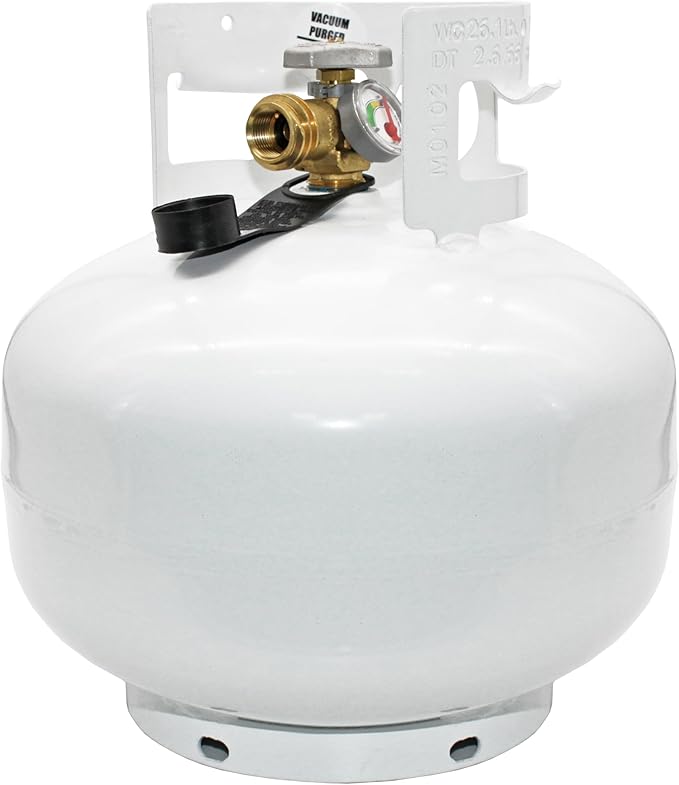 Flame King YSN11SQTa 11LB Propane Tank Cylinder Squatty with Dust Cap, Type 1 OPD Valve & Built-in Gauge, White