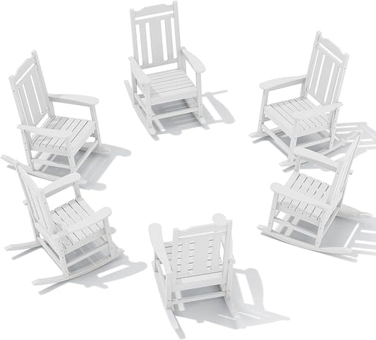 SERWALL Outdoor Rocking Chair Set of 6, Patio Rocking Chair Sets, HDPE Rocking Chair for Adults, White