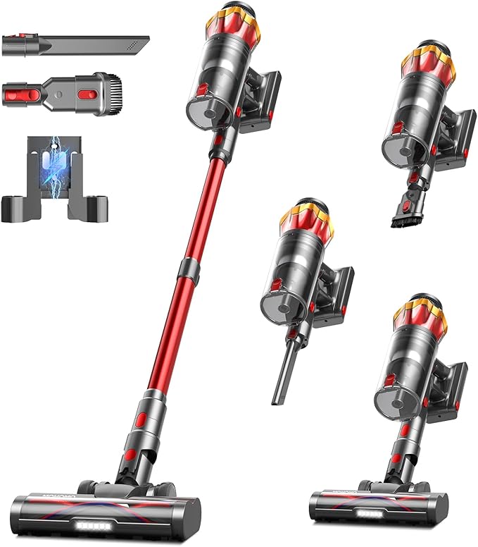 Cordless Vacuum Cleaner, 600W 50KPa 70Mins Vacuum Cleaners for Home, Self-Standing Stick Vacuum with Anti-Tangle Brush & OLED Touch Screen, Vacuum Cleaner for Hardwood Floors,Carpet,Pet Hair,Car (Red)