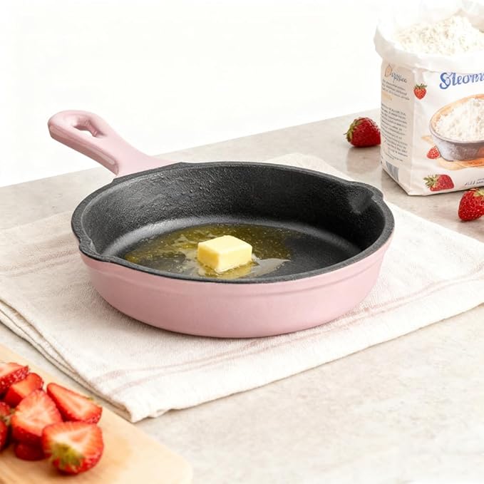 Commercial Grade, Cast Iron Enameled Cookware (Pink, Skillet 5“)