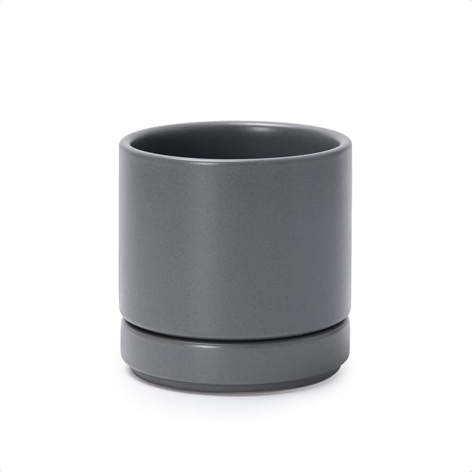 D'vine Dev 4.7 Inch Ceramic Planter Pot with Drainage Hole and Saucer, Indoor Cylinder Round Planter Pot, Grey, 94-O-B-3