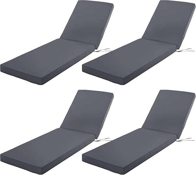 Chaise Lounge Cushion Outdoor, Waterproof and Stain-Resistant Lounge Deck Reclining Chair Cushions for Patio Furniture Lawn Pool Resort Hotel, 72x21x3 Inch, Set of 4, Dark Grey