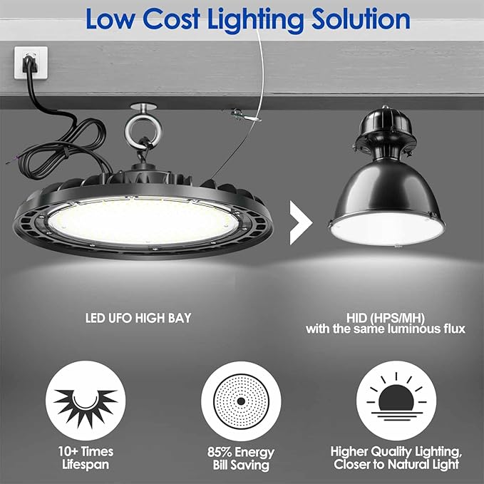 LED High Bay Light 240W PREM 4-Pack, 12' UFO Commercial Lighting Fixture w/Plug for Garage Shop Warehouse Workshop, 5000k 35000lm Dimmable IP65 UL ETL Listed (Count of 4)