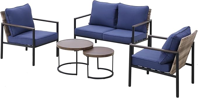 COOS BAY Sand Dune 5 Piece Wicker Patio Furniture Set, Rattan Outdoor Furniture with Nesting Tables, Chairs, Loveseat, and Coffee Tables, Brown/Blue