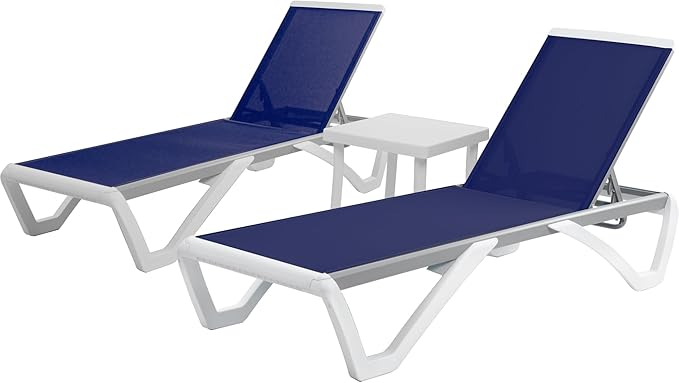 Kozyard Patio Chaise Lounge Chair - Full Flat Alumium & Resin Legs, Outdoor Reclining Adjustable Chair for Sunbathing, Beach, Patio, Lounge Set or Patio Table (2NavyBlue Textilence W/Table)