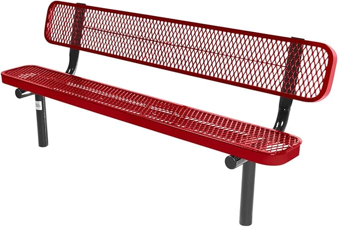 COATEDOUTDOORFURNITURE Coated Outdoor Furniture Heavy-Duty Outdoor Bench Thermoplastic Coated, Expanded Metal, Commercial-Grade Seating, Made in America (Inground with Back, 6 Ft, Textured Red)
