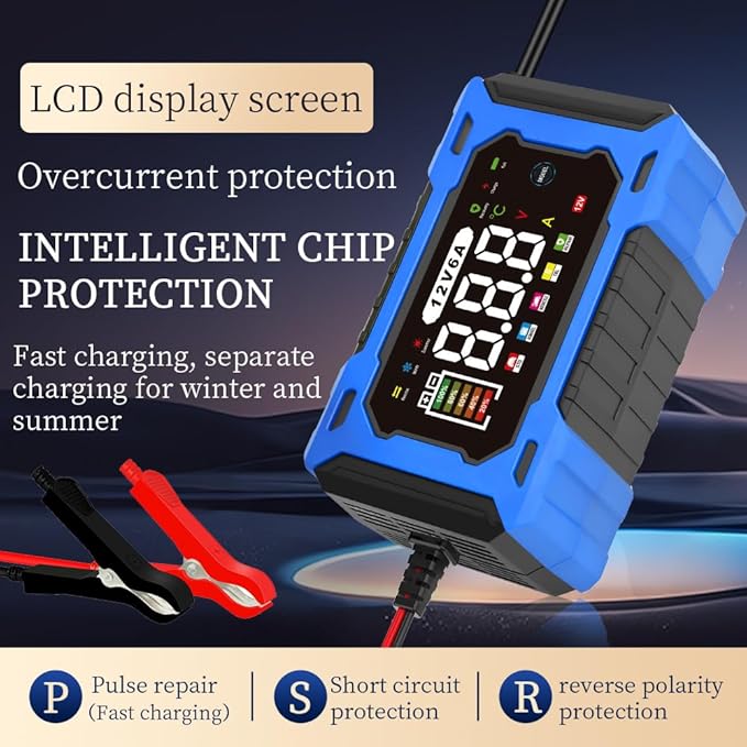 12V 6A Smart Battery Charger - Automotive Car/Motorcycle 12V Lead-Acid Battery Charger with LCD, Pulse Repair & Overcharge Protection