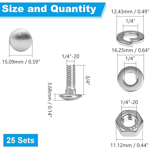 Yinpecly 25 Sets 1/4-20 x 3/4" Carriage Bolts Screws, 304 Stainless Steel Round Head Square Neck Carriage Bolts and Nuts Kit, with Flat & Lock Washers, Full Thread Coverage