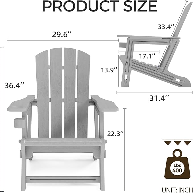 FONTOI Adirondack Chair, Plastic Outdoor Patio Adirondack Chairs with Cup Holder, 400 LBS Capacity Recliner Chair Garden Chair for Backyard Lawn Beach Set of 2 Grey