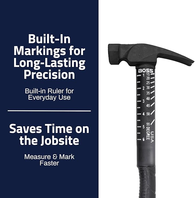 Boss Hammer 18 oz. Premium 4340 American Steel Rip Claw Hammer - Shock-Absorbing Poly-Fiberglass Handle, No-Slip Grip, Cerakote Finish, Milled Face - Made in USA - BH18STPFM