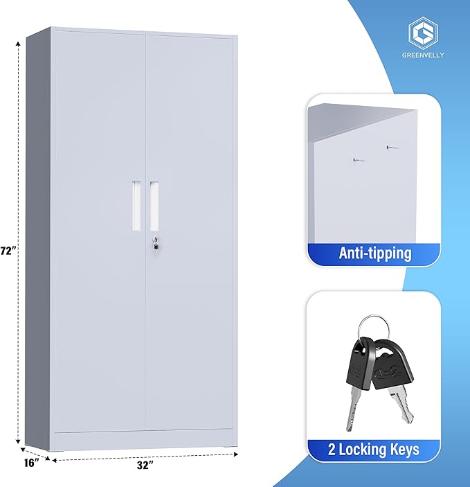 Greenvelly Metal Storage Cabinet, 72” Tall Locking Steel Storage Cabinet with 2 Doors and 4 Adjustable Shelves, Metal File Cabinet for Home Office, Garage, Warehouse, Classroom(Dark Grey)