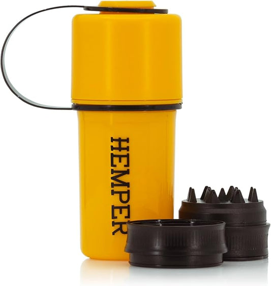 Hemper Keeper 3‑in‑1 Herb Grinder with Dual Storage Container - Smell‑Proof, Airtight & Water‑Resistant - Built‑In Removable Grinder, Dual Compartments for Flower & Ground - (Yellow & Black)