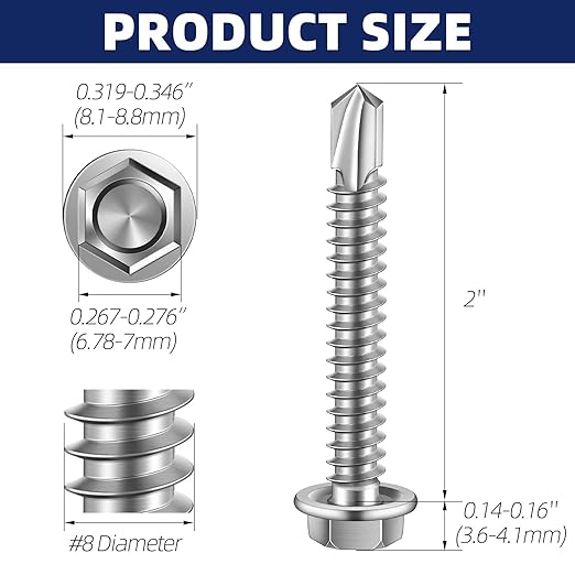MewuDecor #8 x 2 Hex Washer Head Self Tapping Sheet Metal Screws with Drill Point, Stainless Steel 410, Self Drilling, 50 PCS