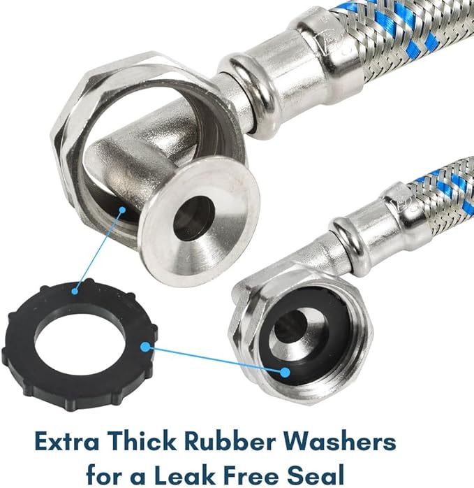 Washing Machine Hoses (4 FT) - Double 90° Elbow to Fit Tight Spaces - OCTAGON Connections for Easy & Secure Tightening - Burst Proof Water Supply Line (2 Pack) - Universal Fit to All Wash Machines