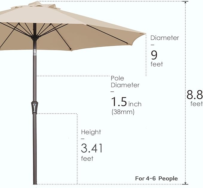 PatioKingdom 9FT Patio Outdoor Umbrella-UPF 50+ Sun Shade with Wind Vent, Push-Button Tilt & Smooth Crank Lift, Rust-Resistant Fiberglass Frame for Garden, Backyard,Yard (Beige, 9FT)