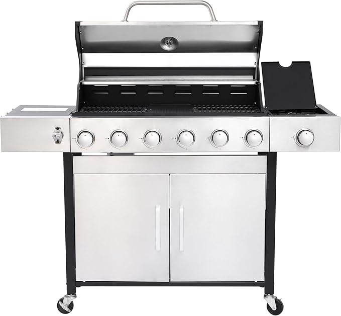 6-Burner Propane Gas BBQ Grill with 1 Side Burner, 65910 BTU Output Stainless Steel Outdoor Grill w/Cast Iron Grating Mesh, Built-in Thermometer for Cooking & Outdoor BBQ