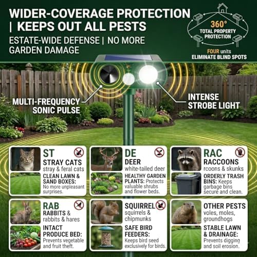 2026 Upgraded Sonic Fortress Pro Deer Repellent Devices,Solar Ultrasonic Animal Repellent with Motion Sensor & Strobe Light Waterproof Cat Deterrent Outdoor for Backyard,Yard,Flower Bed 4Pack