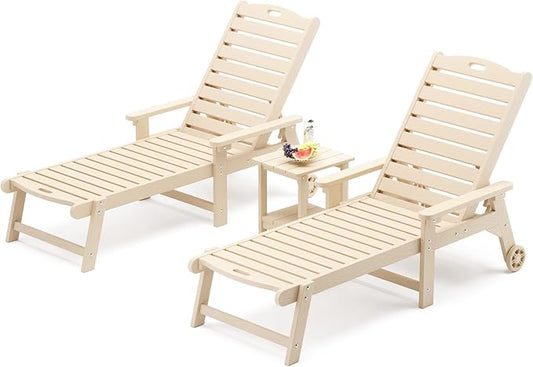 LUE BONA Chaise Lounge Chairs Set with Table, 3-Piece, 79'' Oversized HDPS Material, 5 Positions Adjustable Patio Lounge Chairs, Pool Lounge Chair with Wheels for Poolside, 3-Year Warranty, Sand