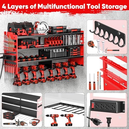 POKIPO Large Power Tool Organizer Wall Mount with Charging Station,4 Layer Heavy Duty Metal Tool Storage Shelf Loads 600lbs,Battery Utility Rack With 4 Outlet Power Strip with 8 Cordless Drill Holder