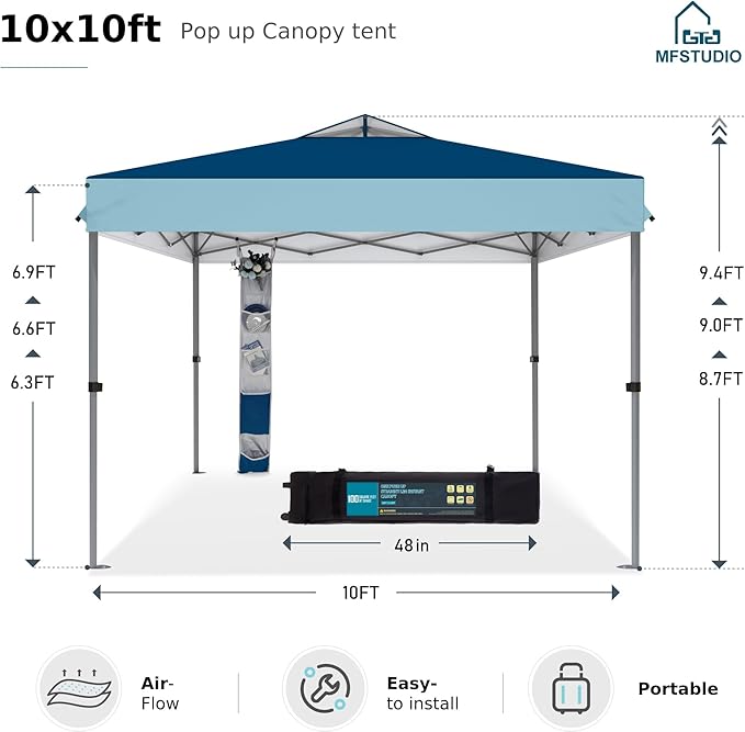 MFSTUDIO Pop Up Canopy Tent, 10x10 Outdoor Canopies Instant Portable Shelter Tens with Vented Top, Storage, 4 Sandbags, Beach Canopy
