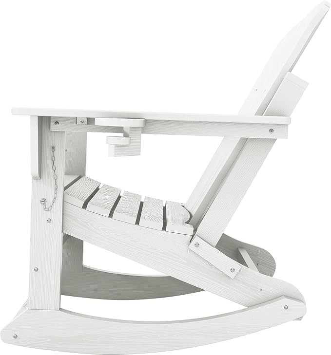 KINGYES Adirondack Rocking Chair Set of 2 with Retractable Ottoman and Cup Holders, HDPE Adirondack Rocker Patio Rocking Chair for Porch, Patio, Balcony, White