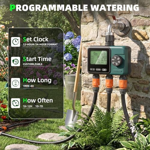 3 Zone Sprinkler Timer,3 Custom Watering Plans Hose Time, IP65 Waterproof, Rain Delay Manual & Automatic Watering with Large LCD for Yard Lawn Outdoor