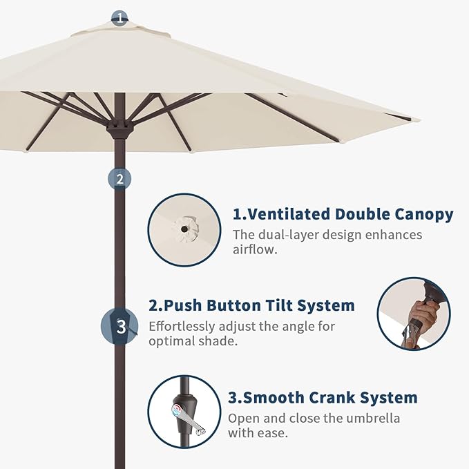 10FT Patio Umbrella Outdoor Market Umbrella with Crank and Tilt, 8 Flexible Fiberglass Ribs, UV-Resistant Waterproof Canopy for Patio, Deck, Garden, Backyard, Creamy White